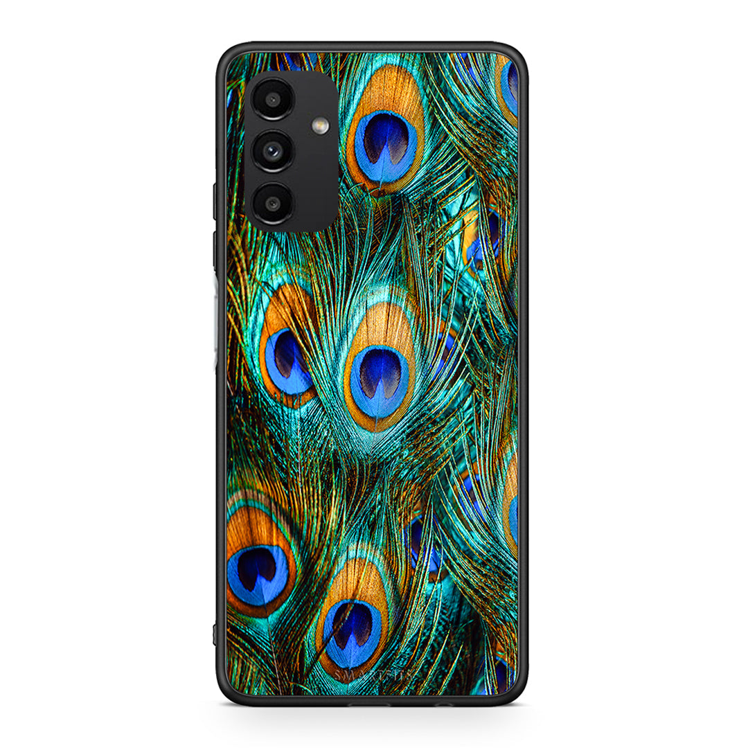 Samsung A13 5G Real Peacock Feathers θήκη από τη Smartfits με σχέδιο στο πίσω μέρος και μαύρο περίβλημα | Smartphone case with colorful back and black bezels by Smartfits