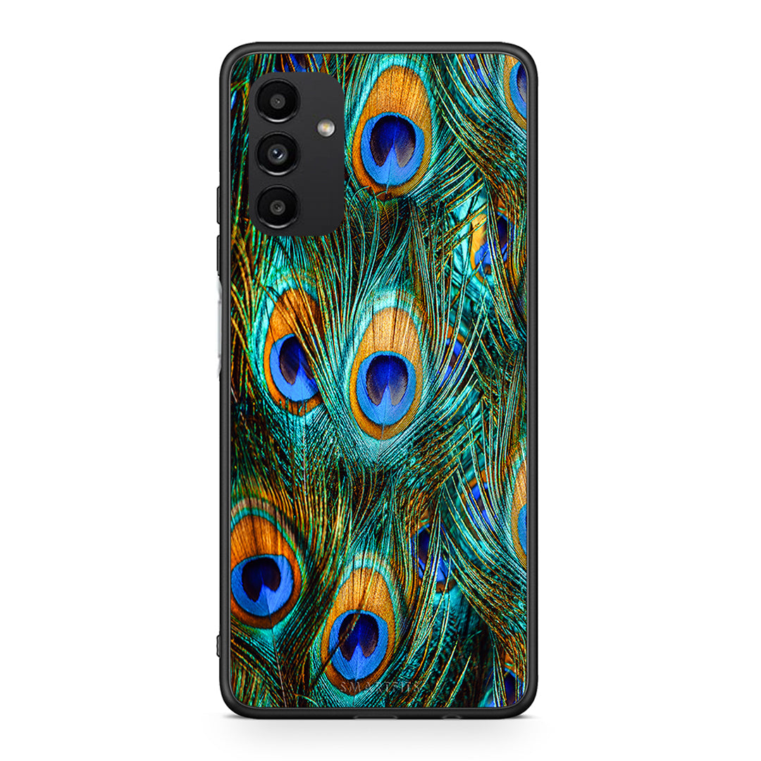 Samsung A04s Real Peacock Feathers θήκη από τη Smartfits με σχέδιο στο πίσω μέρος και μαύρο περίβλημα | Smartphone case with colorful back and black bezels by Smartfits