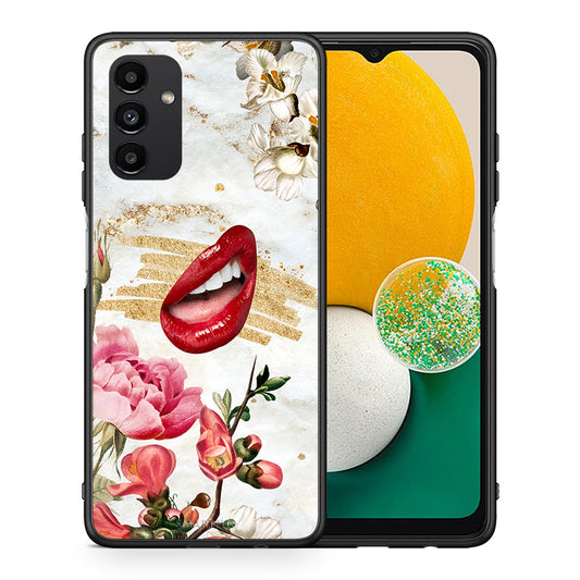 Θήκη Samsung A13 5G Red Lips από τη Smartfits με σχέδιο στο πίσω μέρος και μαύρο περίβλημα | Samsung A13 5G Red Lips case with colorful back and black bezels