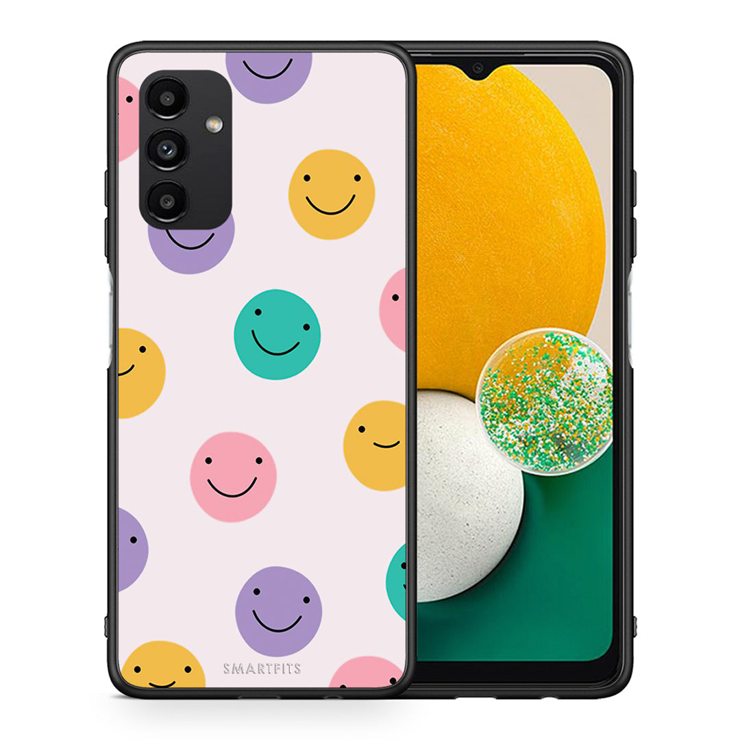 Θήκη Samsung A04s Smiley Faces από τη Smartfits με σχέδιο στο πίσω μέρος και μαύρο περίβλημα | Samsung A04s Smiley Faces case with colorful back and black bezels