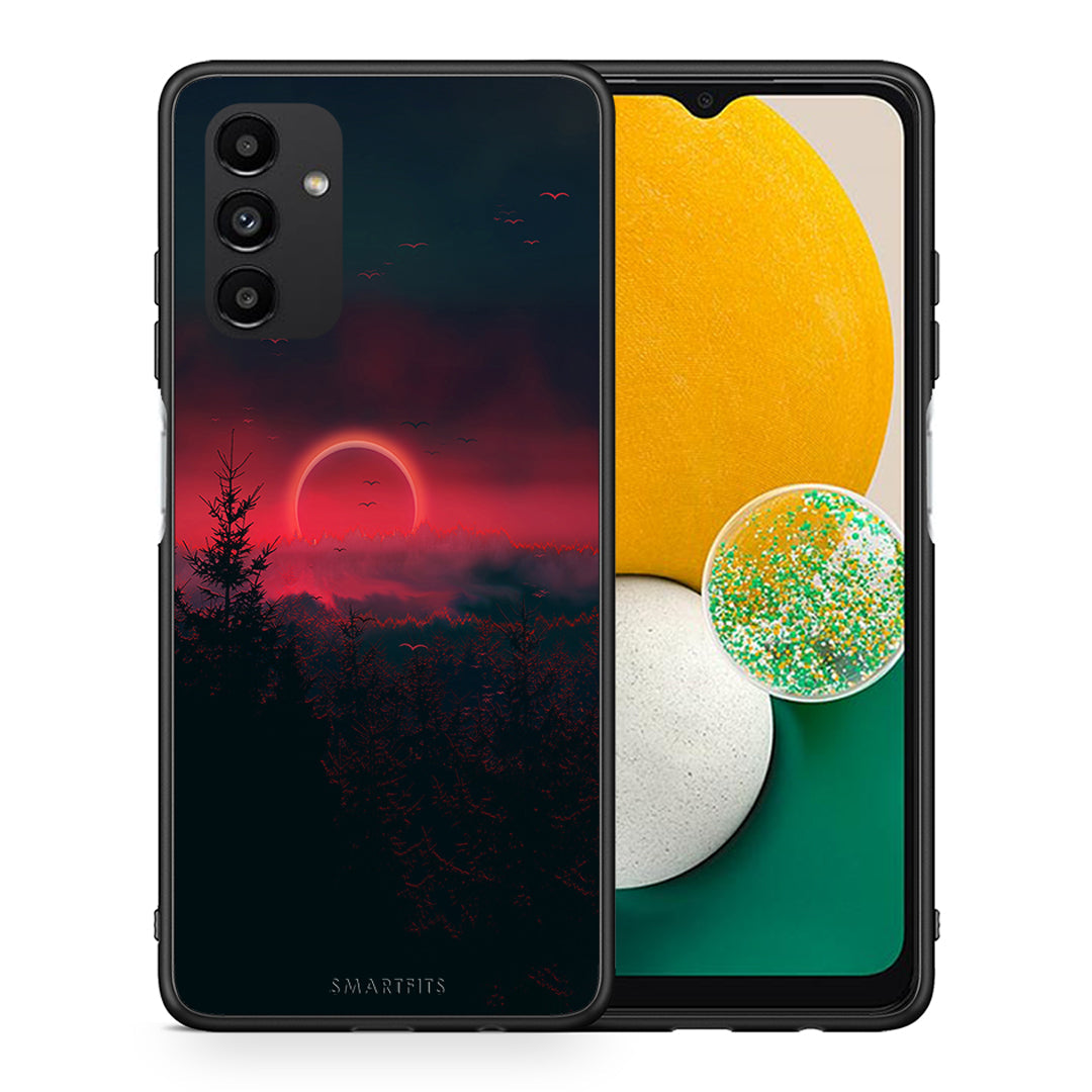 Θήκη Samsung A13 5G Sunset Tropic από τη Smartfits με σχέδιο στο πίσω μέρος και μαύρο περίβλημα | Samsung A13 5G Sunset Tropic case with colorful back and black bezels
