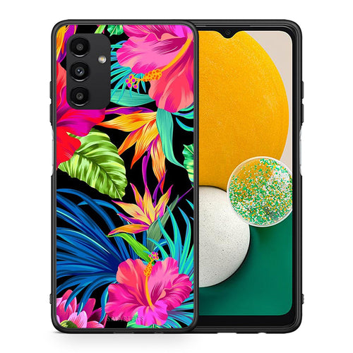 Θήκη Samsung A04s Tropical Flowers από τη Smartfits με σχέδιο στο πίσω μέρος και μαύρο περίβλημα | Samsung A04s Tropical Flowers case with colorful back and black bezels
