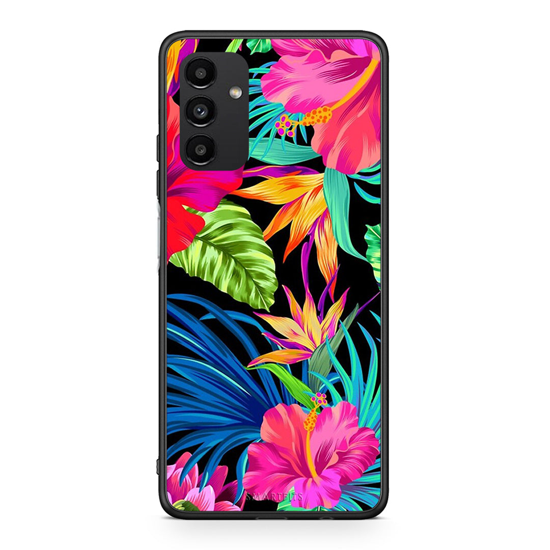Samsung A04s Tropical Flowers θήκη από τη Smartfits με σχέδιο στο πίσω μέρος και μαύρο περίβλημα | Smartphone case with colorful back and black bezels by Smartfits