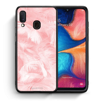 Θήκη Samsung A20e Pink Feather Boho από τη Smartfits με σχέδιο στο πίσω μέρος και μαύρο περίβλημα | Samsung A20e Pink Feather Boho case with colorful back and black bezels