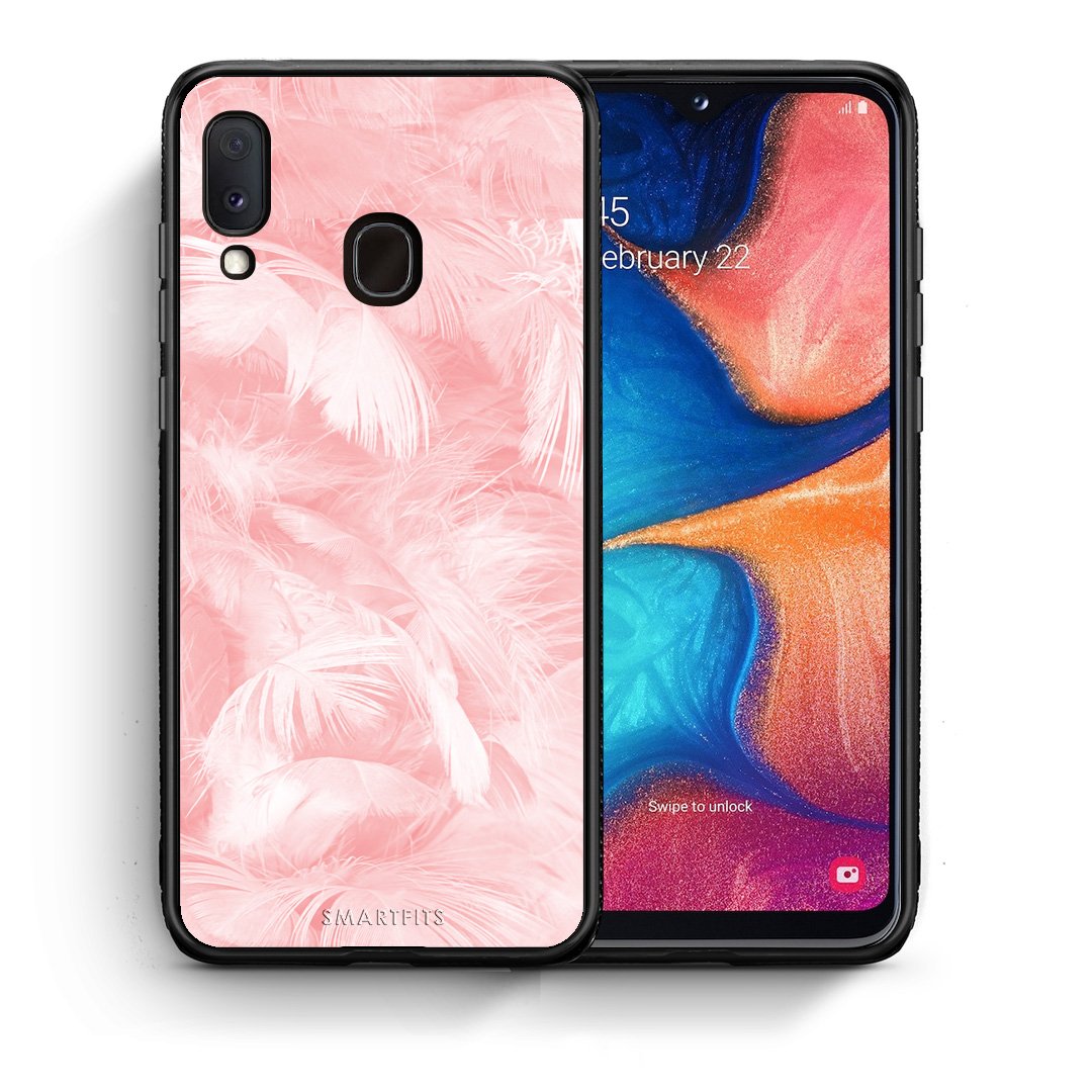 Θήκη Samsung Galaxy A30 Pink Feather Boho από τη Smartfits με σχέδιο στο πίσω μέρος και μαύρο περίβλημα | Samsung Galaxy A30 Pink Feather Boho case with colorful back and black bezels