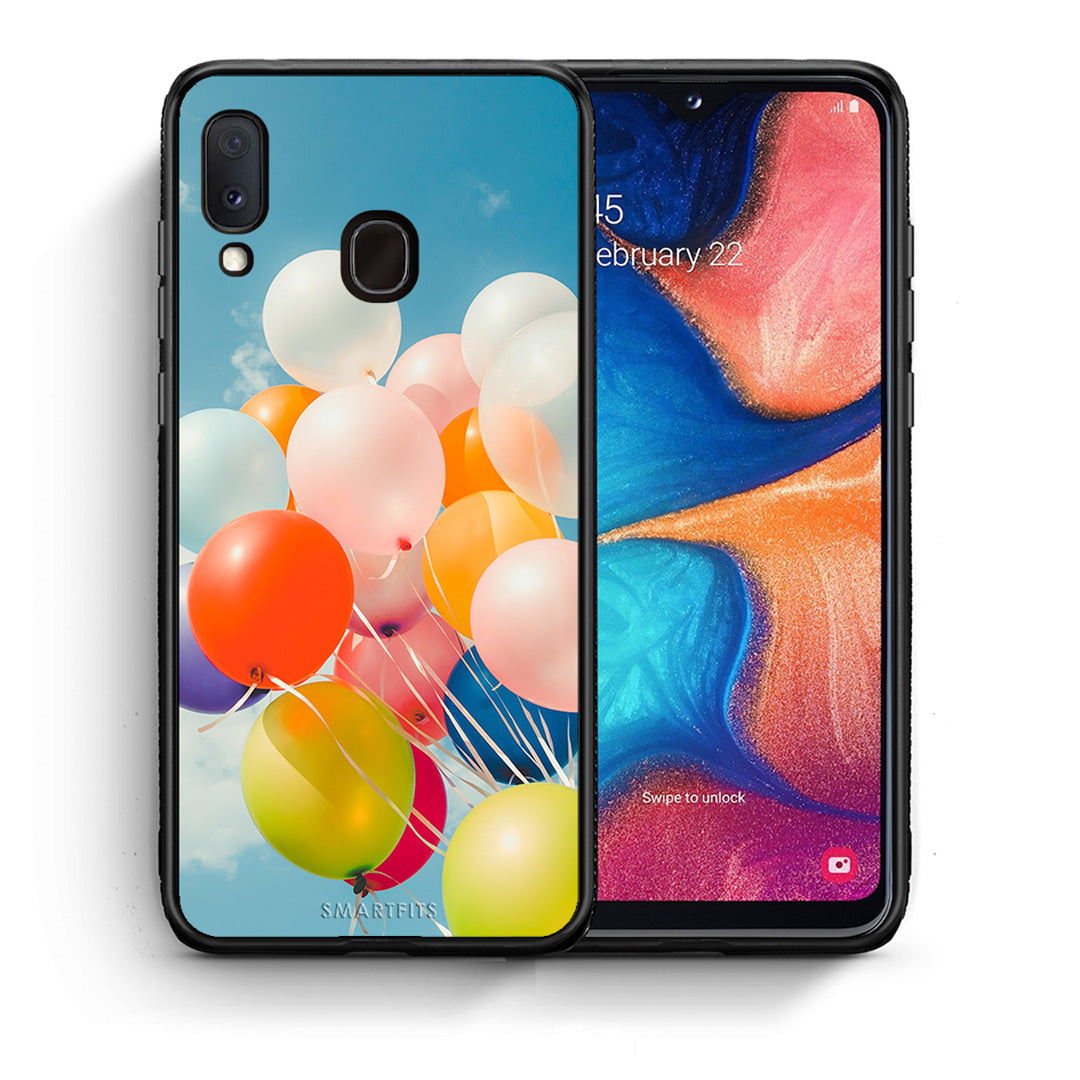 Θήκη Samsung A20e Colorful Balloons από τη Smartfits με σχέδιο στο πίσω μέρος και μαύρο περίβλημα | Samsung A20e Colorful Balloons case with colorful back and black bezels