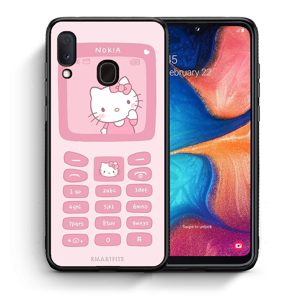 Θήκη Αγίου Βαλεντίνου Samsung Galaxy M20 Hello Kitten από τη Smartfits με σχέδιο στο πίσω μέρος και μαύρο περίβλημα | Samsung Galaxy M20 Hello Kitten case with colorful back and black bezels