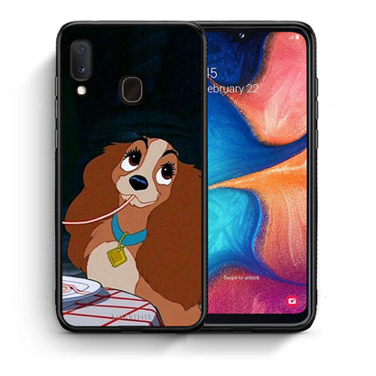 Θήκη Αγίου Βαλεντίνου Samsung Galaxy M20 Lady And Tramp 2 από τη Smartfits με σχέδιο στο πίσω μέρος και μαύρο περίβλημα | Samsung Galaxy M20 Lady And Tramp 2 case with colorful back and black bezels