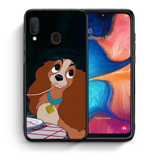 Θήκη Αγίου Βαλεντίνου Samsung Galaxy M20 Lady And Tramp 2 από τη Smartfits με σχέδιο στο πίσω μέρος και μαύρο περίβλημα | Samsung Galaxy M20 Lady And Tramp 2 case with colorful back and black bezels