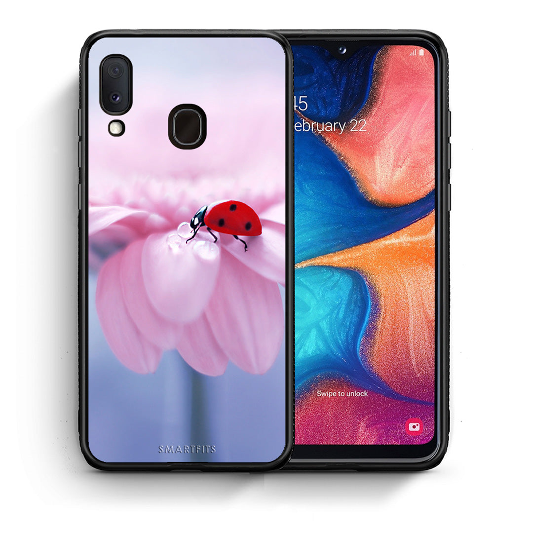 Θήκη Samsung A20e Ladybug Flower από τη Smartfits με σχέδιο στο πίσω μέρος και μαύρο περίβλημα | Samsung A20e Ladybug Flower case with colorful back and black bezels
