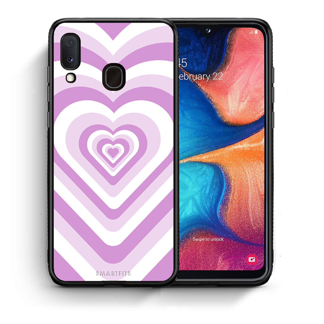 Θήκη Samsung A20e Lilac Hearts από τη Smartfits με σχέδιο στο πίσω μέρος και μαύρο περίβλημα | Samsung A20e Lilac Hearts case with colorful back and black bezels