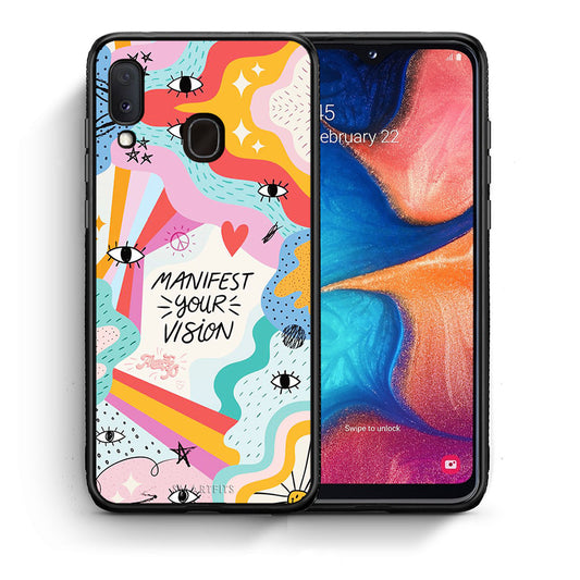 Θήκη Samsung Galaxy A30 Manifest Your Vision από τη Smartfits με σχέδιο στο πίσω μέρος και μαύρο περίβλημα | Samsung Galaxy A30 Manifest Your Vision case with colorful back and black bezels