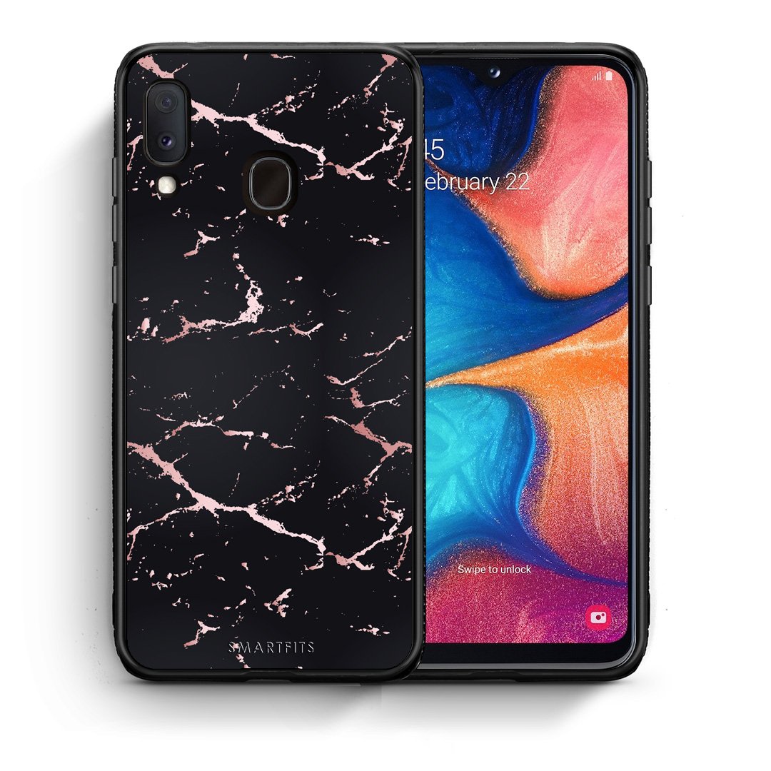 Θήκη Samsung A20e Black Rosegold Marble από τη Smartfits με σχέδιο στο πίσω μέρος και μαύρο περίβλημα | Samsung A20e Black Rosegold Marble case with colorful back and black bezels