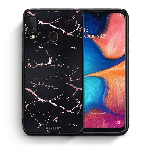 Θήκη Samsung A20e Black Rosegold Marble από τη Smartfits με σχέδιο στο πίσω μέρος και μαύρο περίβλημα | Samsung A20e Black Rosegold Marble case with colorful back and black bezels