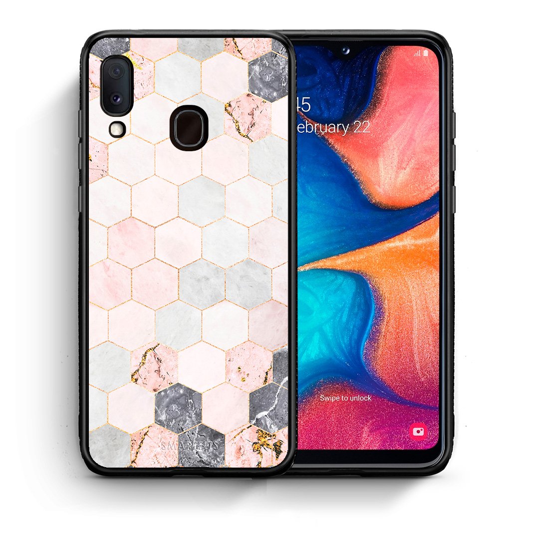 Θήκη Samsung Galaxy A30 Hexagon Pink Marble από τη Smartfits με σχέδιο στο πίσω μέρος και μαύρο περίβλημα | Samsung Galaxy A30 Hexagon Pink Marble case with colorful back and black bezels