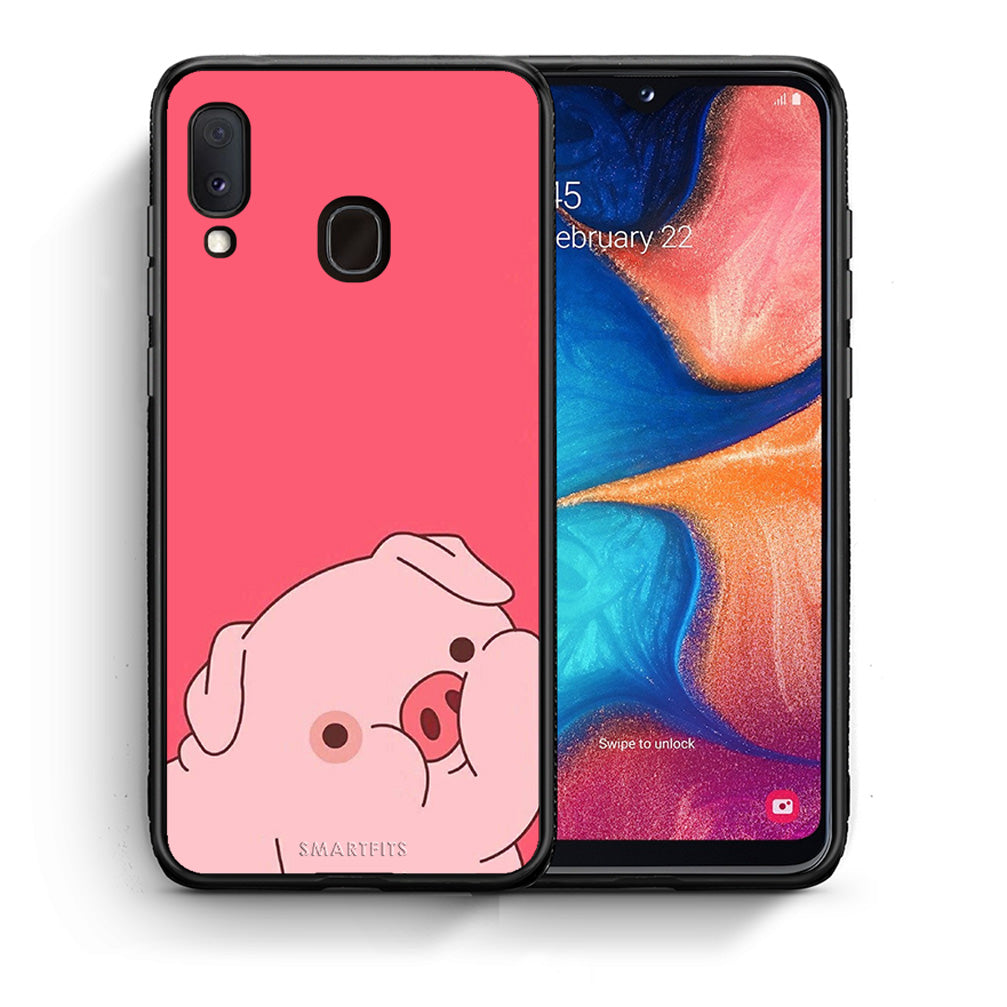 Θήκη Αγίου Βαλεντίνου Samsung Galaxy A30 Pig Love 1 από τη Smartfits με σχέδιο στο πίσω μέρος και μαύρο περίβλημα | Samsung Galaxy A30 Pig Love 1 case with colorful back and black bezels