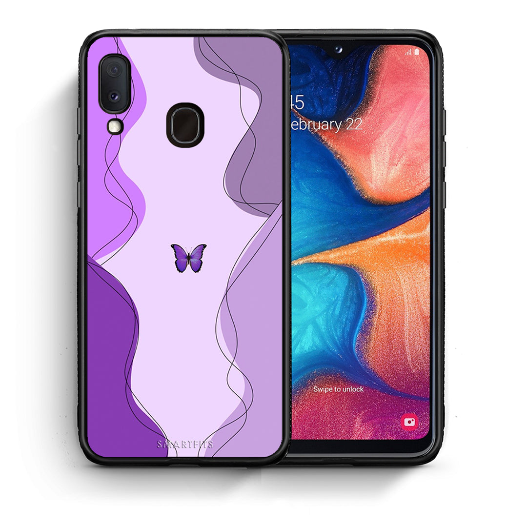 Θήκη Αγίου Βαλεντίνου Samsung A20e Purple Mariposa από τη Smartfits με σχέδιο στο πίσω μέρος και μαύρο περίβλημα | Samsung A20e Purple Mariposa case with colorful back and black bezels