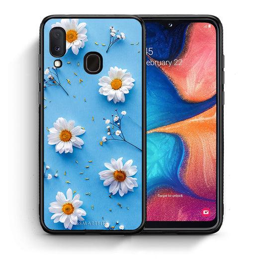 Θήκη Samsung A20e Real Daisies από τη Smartfits με σχέδιο στο πίσω μέρος και μαύρο περίβλημα | Samsung A20e Real Daisies case with colorful back and black bezels