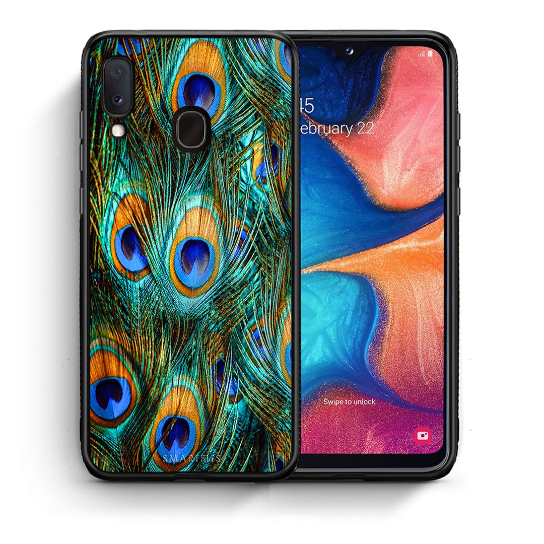 Θήκη Samsung A20e Real Peacock Feathers από τη Smartfits με σχέδιο στο πίσω μέρος και μαύρο περίβλημα | Samsung A20e Real Peacock Feathers case with colorful back and black bezels