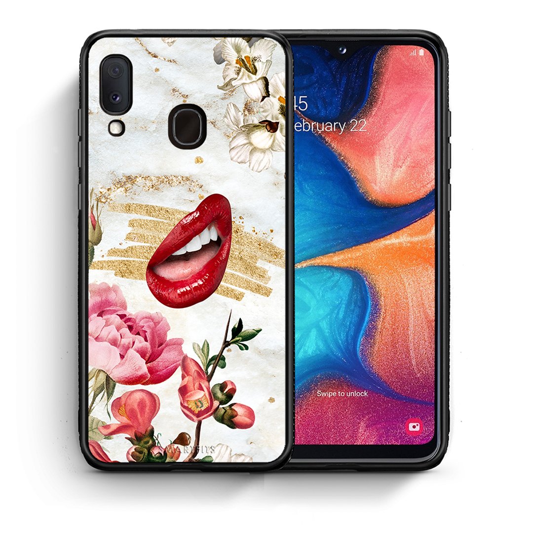 Θήκη Samsung A20e Red Lips από τη Smartfits με σχέδιο στο πίσω μέρος και μαύρο περίβλημα | Samsung A20e Red Lips case with colorful back and black bezels