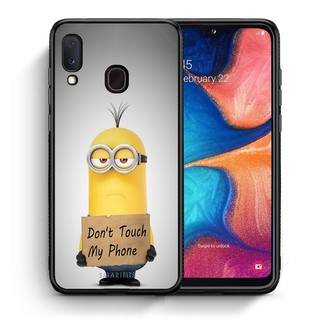Θήκη Samsung Galaxy A30 Minion Text από τη Smartfits με σχέδιο στο πίσω μέρος και μαύρο περίβλημα | Samsung Galaxy A30 Minion Text case with colorful back and black bezels