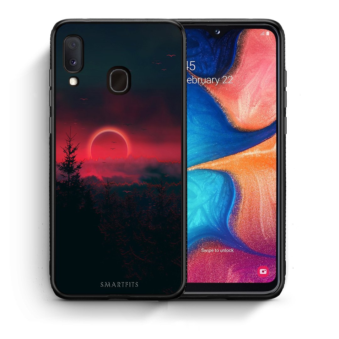 Θήκη Samsung A20e Sunset Tropic από τη Smartfits με σχέδιο στο πίσω μέρος και μαύρο περίβλημα | Samsung A20e Sunset Tropic case with colorful back and black bezels