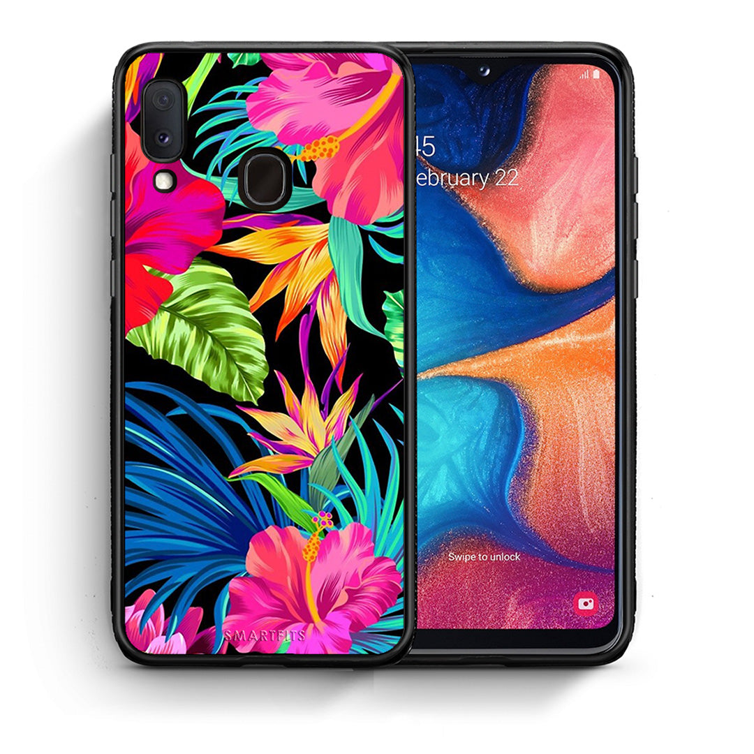 Θήκη Samsung A20e Tropical Flowers από τη Smartfits με σχέδιο στο πίσω μέρος και μαύρο περίβλημα | Samsung A20e Tropical Flowers case with colorful back and black bezels