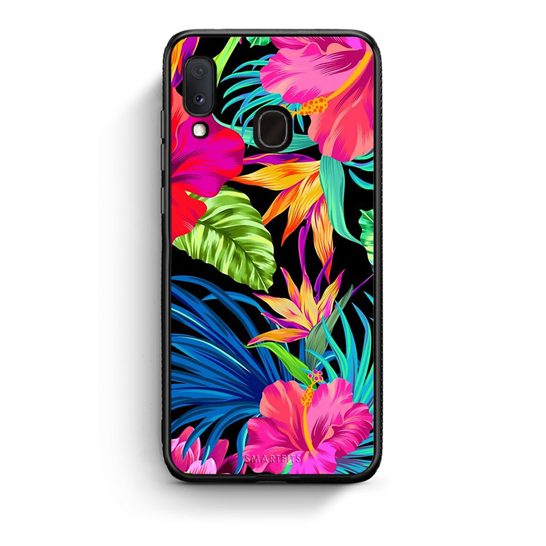 Samsung A20e Tropical Flowers θήκη από τη Smartfits με σχέδιο στο πίσω μέρος και μαύρο περίβλημα | Smartphone case with colorful back and black bezels by Smartfits