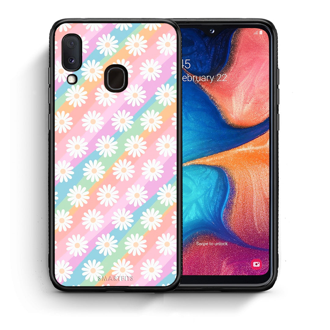 Θήκη Samsung A20e White Daisies από τη Smartfits με σχέδιο στο πίσω μέρος και μαύρο περίβλημα | Samsung A20e White Daisies case with colorful back and black bezels