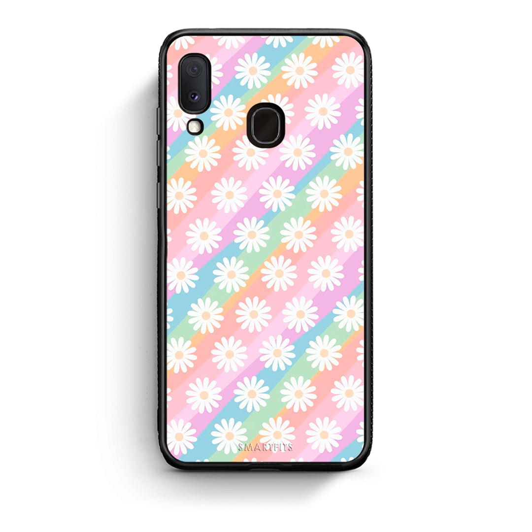 Samsung A20e White Daisies θήκη από τη Smartfits με σχέδιο στο πίσω μέρος και μαύρο περίβλημα | Smartphone case with colorful back and black bezels by Smartfits