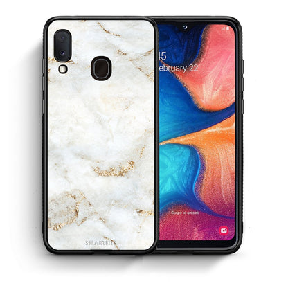 Θήκη Samsung A20e White Gold Marble από τη Smartfits με σχέδιο στο πίσω μέρος και μαύρο περίβλημα | Samsung A20e White Gold Marble case with colorful back and black bezels