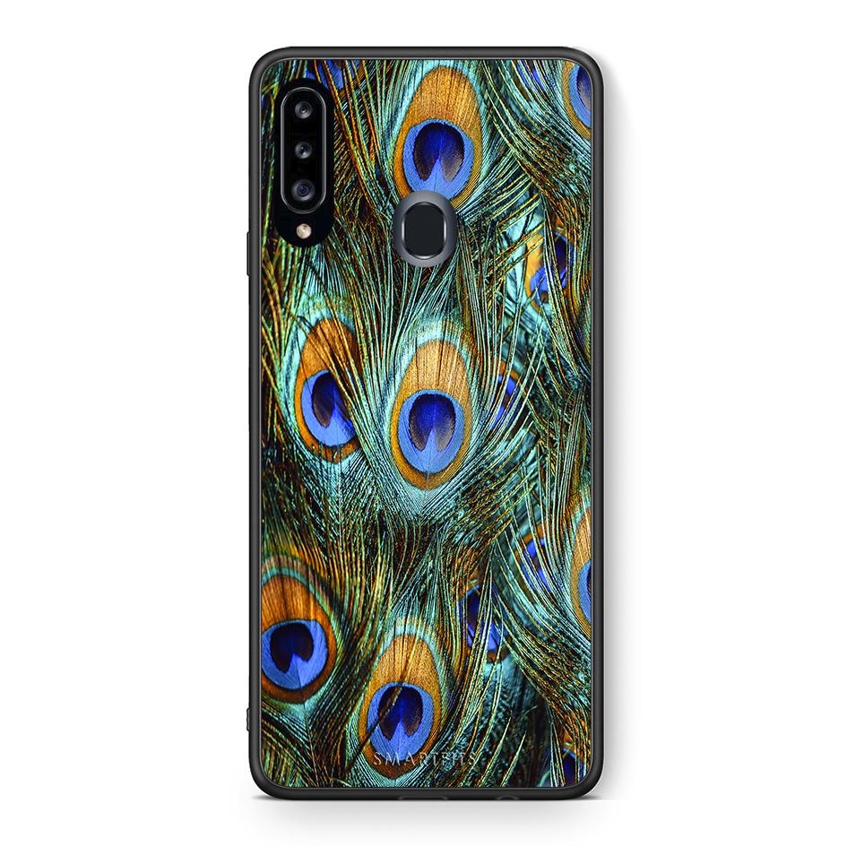 Θήκη Samsung Galaxy A20s Real Peacock Feathers από τη Smartfits με σχέδιο στο πίσω μέρος και μαύρο περίβλημα | Samsung Galaxy A20s Real Peacock Feathers case with colorful back and black bezels
