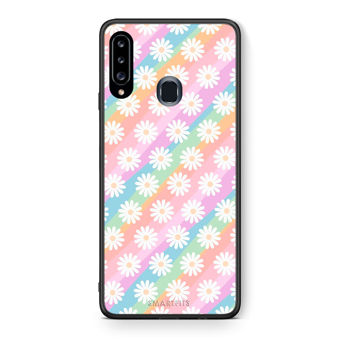 Θήκη Samsung Galaxy A20s White Daisies από τη Smartfits με σχέδιο στο πίσω μέρος και μαύρο περίβλημα | Samsung Galaxy A20s White Daisies case with colorful back and black bezels