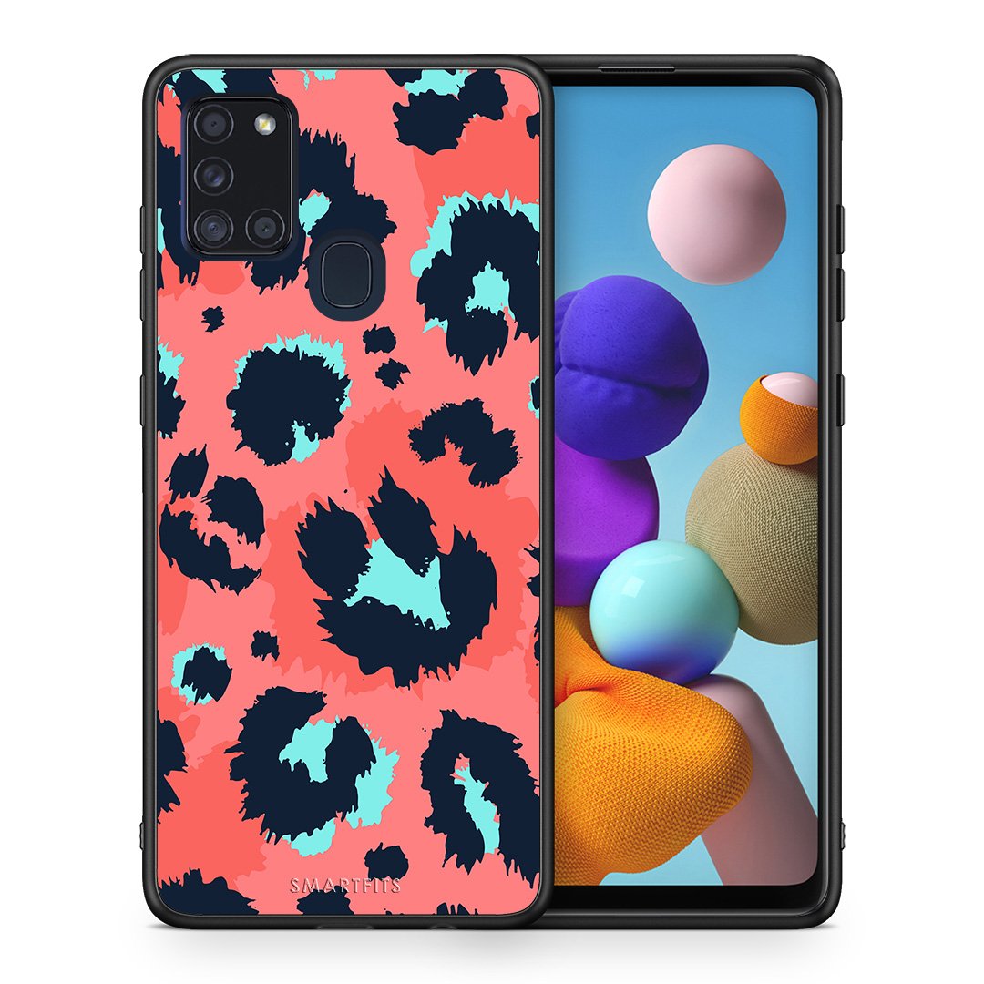 Θήκη Samsung A21s Pink Leopard Animal από τη Smartfits με σχέδιο στο πίσω μέρος και μαύρο περίβλημα | Samsung A21s Pink Leopard Animal case with colorful back and black bezels