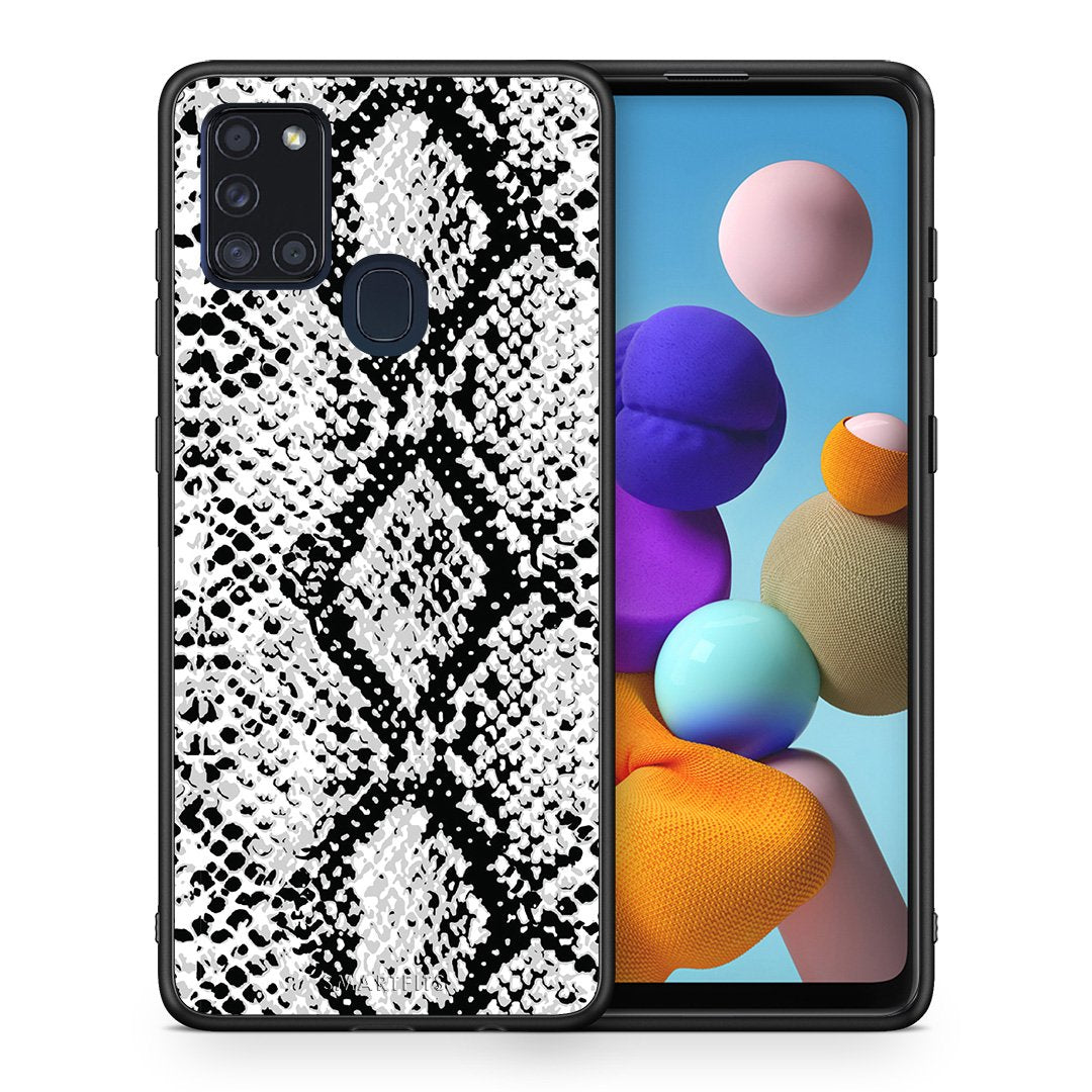 Θήκη Samsung A21s White Snake Animal από τη Smartfits με σχέδιο στο πίσω μέρος και μαύρο περίβλημα | Samsung A21s White Snake Animal case with colorful back and black bezels