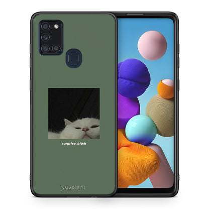 Θήκη Samsung A21s Bitch Surprise από τη Smartfits με σχέδιο στο πίσω μέρος και μαύρο περίβλημα | Samsung A21s Bitch Surprise case with colorful back and black bezels