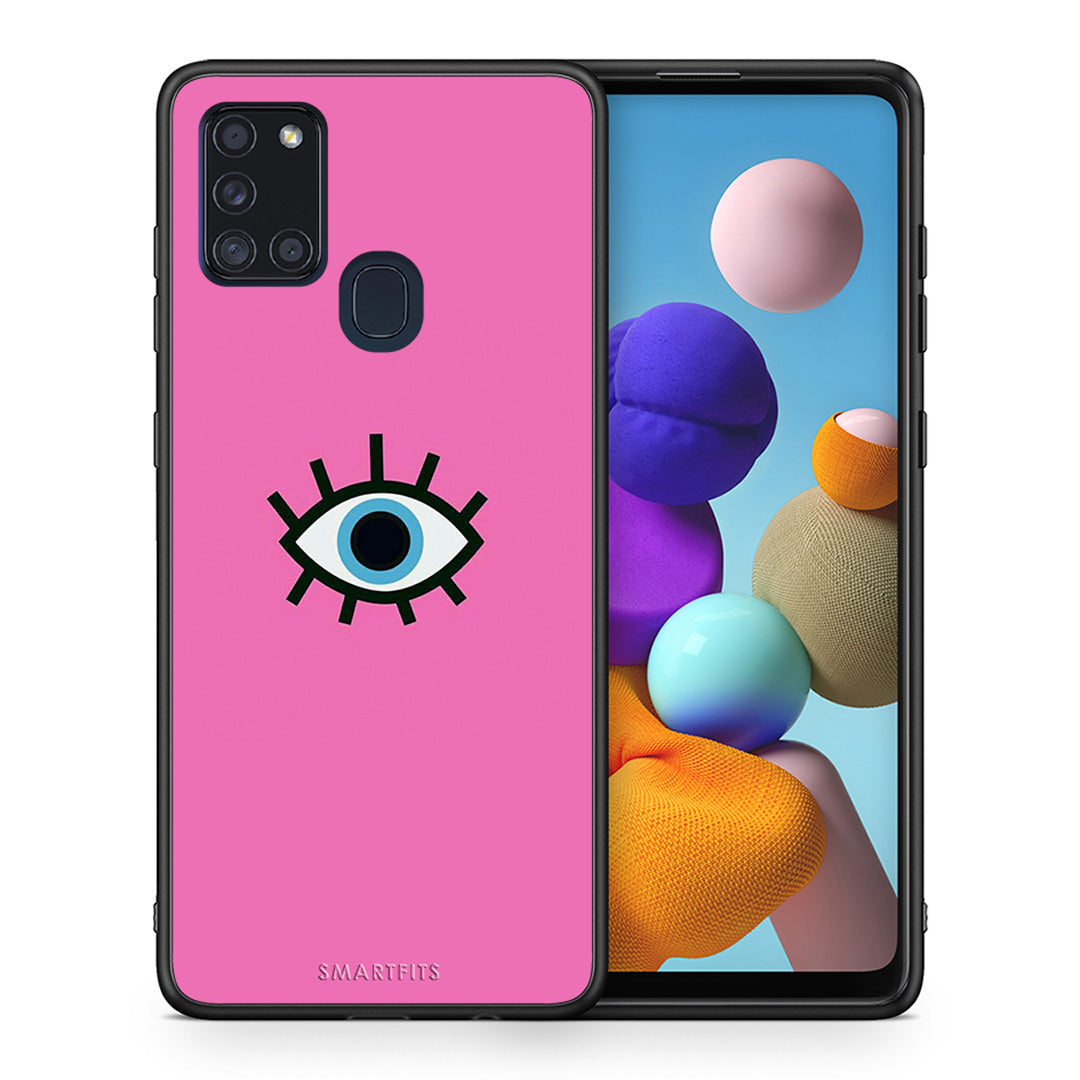 Θήκη Samsung A21s Blue Eye Pink από τη Smartfits με σχέδιο στο πίσω μέρος και μαύρο περίβλημα | Samsung A21s Blue Eye Pink case with colorful back and black bezels