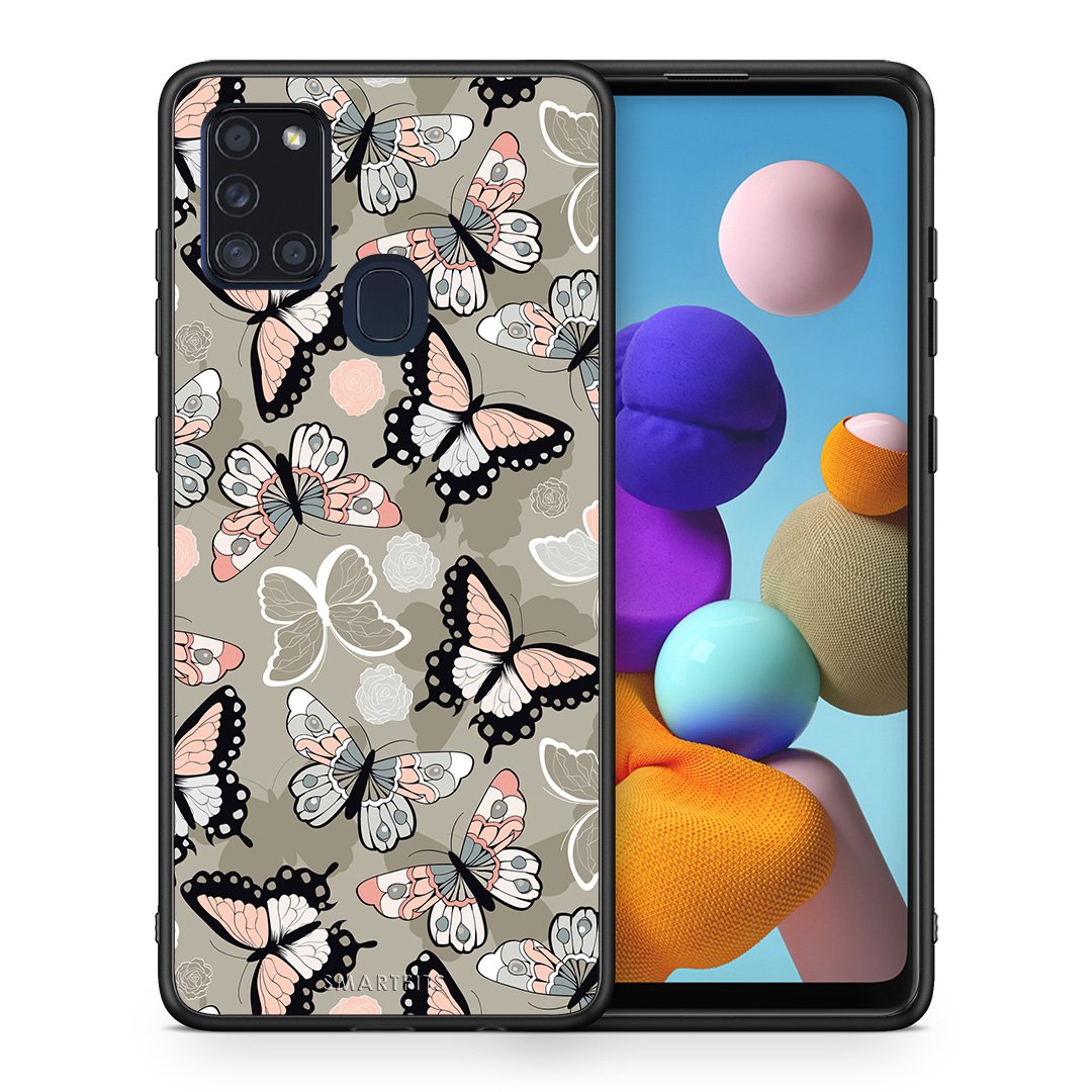 Θήκη Samsung A21s Butterflies Boho από τη Smartfits με σχέδιο στο πίσω μέρος και μαύρο περίβλημα | Samsung A21s Butterflies Boho case with colorful back and black bezels