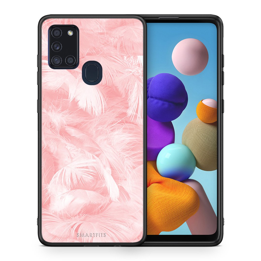 Θήκη Samsung A21s Pink Feather Boho από τη Smartfits με σχέδιο στο πίσω μέρος και μαύρο περίβλημα | Samsung A21s Pink Feather Boho case with colorful back and black bezels