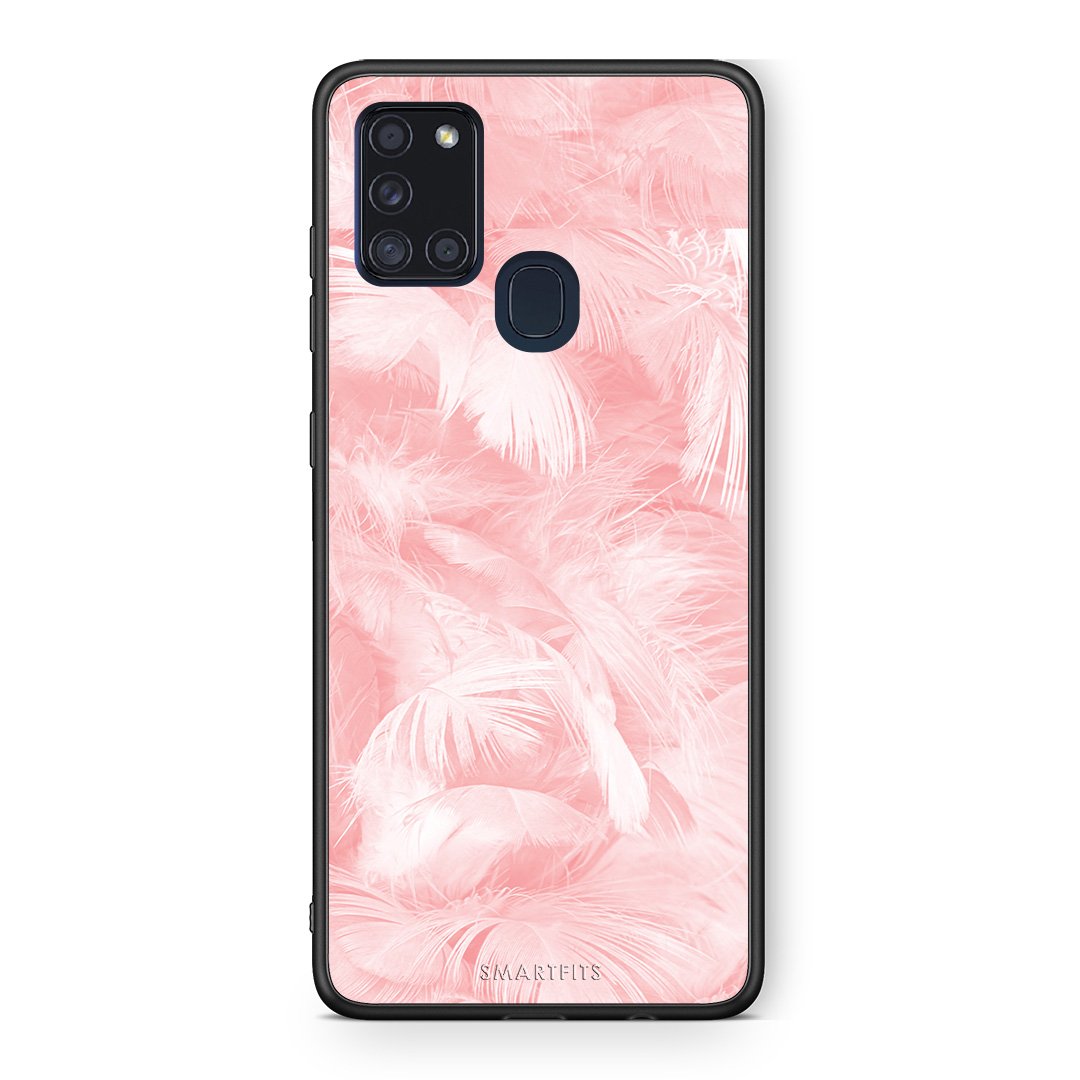 33 - Samsung A21s  Pink Feather Boho case, cover, bumper