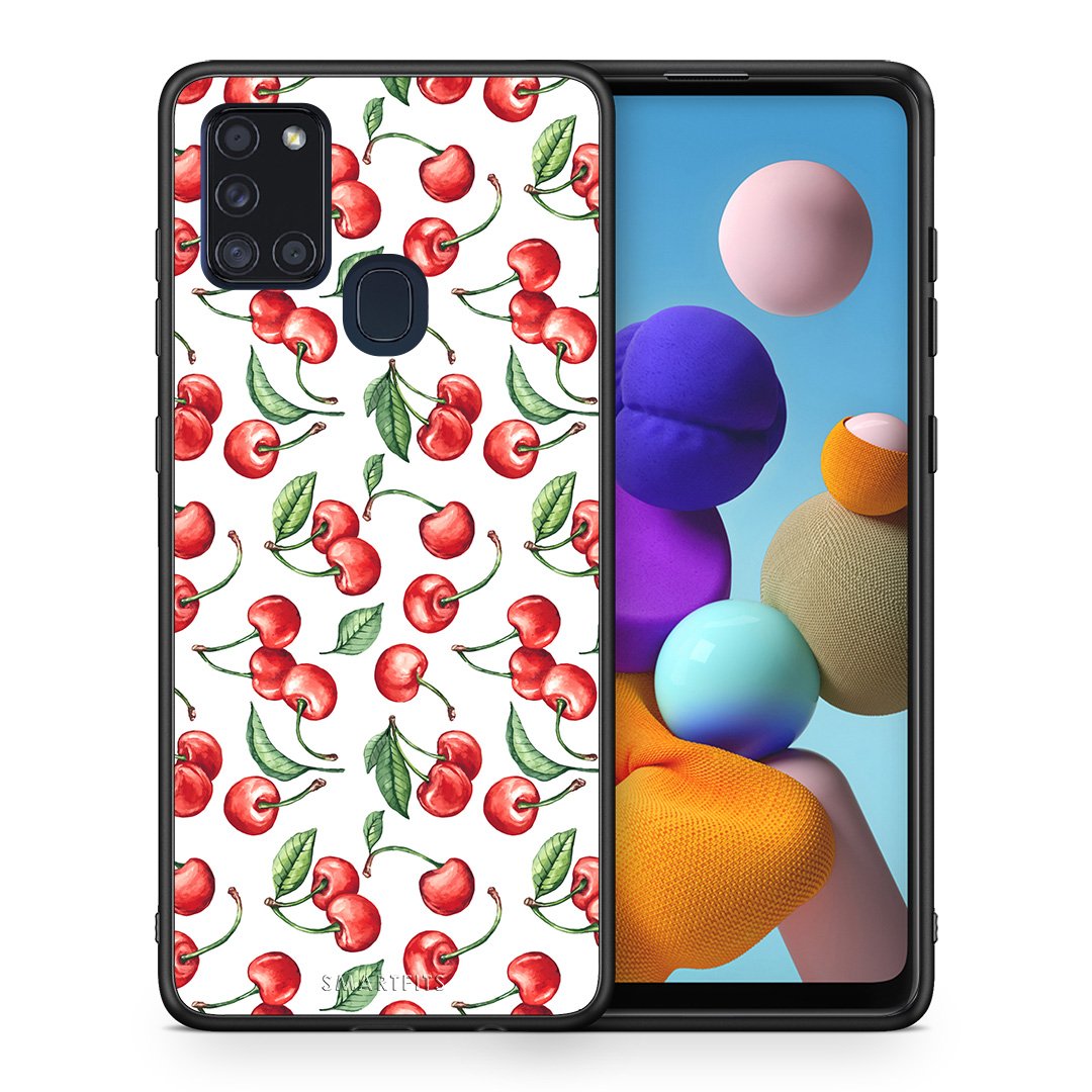 Θήκη Samsung A21s Cherry Summer από τη Smartfits με σχέδιο στο πίσω μέρος και μαύρο περίβλημα | Samsung A21s Cherry Summer case with colorful back and black bezels