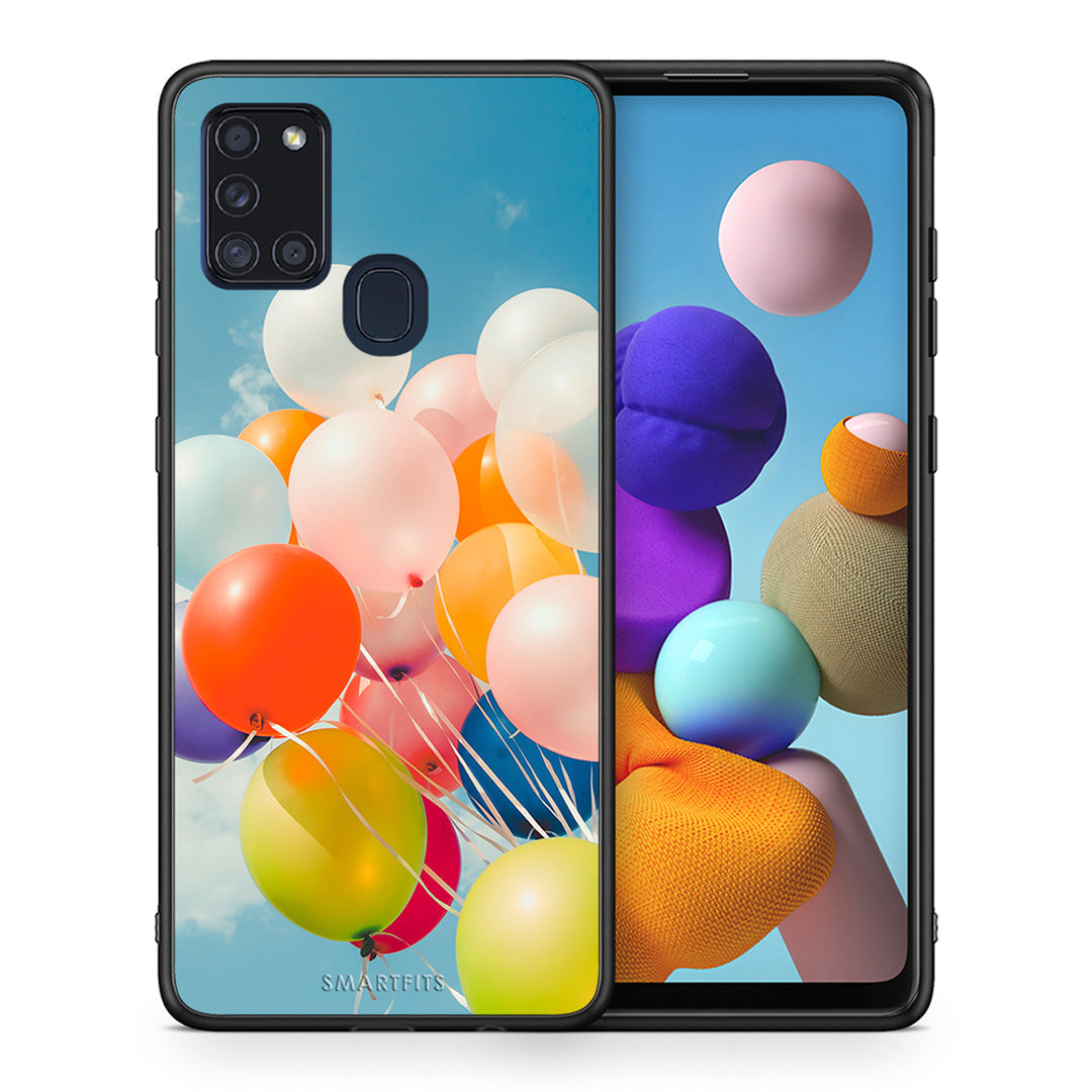 Θήκη Samsung A21s Colorful Balloons από τη Smartfits με σχέδιο στο πίσω μέρος και μαύρο περίβλημα | Samsung A21s Colorful Balloons case with colorful back and black bezels