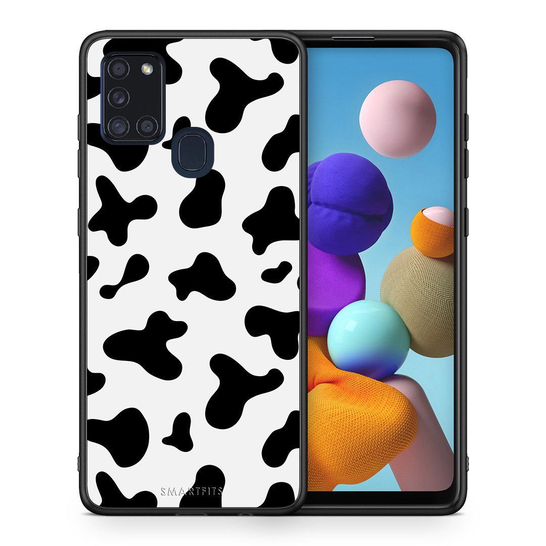 Θήκη Samsung A21s Cow Print από τη Smartfits με σχέδιο στο πίσω μέρος και μαύρο περίβλημα | Samsung A21s Cow Print case with colorful back and black bezels