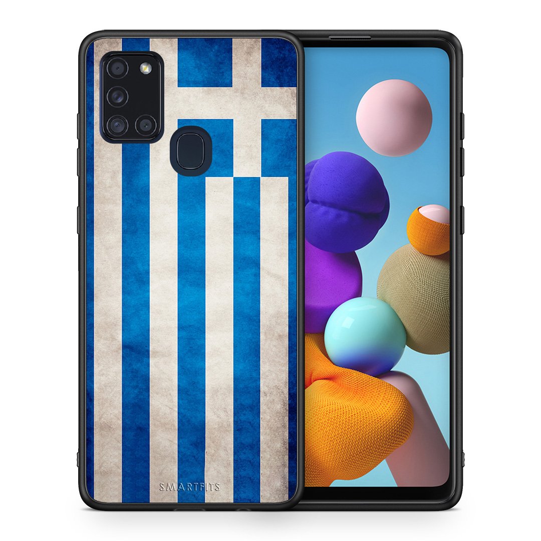 Θήκη Samsung A21s Greek Flag από τη Smartfits με σχέδιο στο πίσω μέρος και μαύρο περίβλημα | Samsung A21s Greek Flag case with colorful back and black bezels