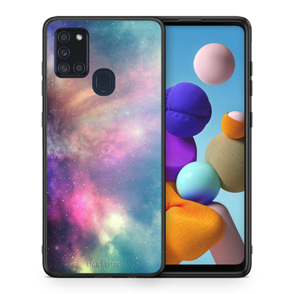 Θήκη Samsung A21s Rainbow Galaxy από τη Smartfits με σχέδιο στο πίσω μέρος και μαύρο περίβλημα | Samsung A21s Rainbow Galaxy case with colorful back and black bezels