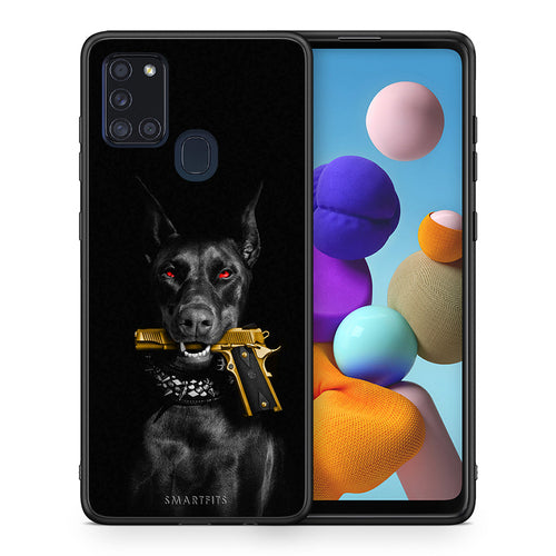 Θήκη Αγίου Βαλεντίνου Samsung A21s Golden Gun από τη Smartfits με σχέδιο στο πίσω μέρος και μαύρο περίβλημα | Samsung A21s Golden Gun case with colorful back and black bezels
