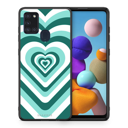 Θήκη Samsung A21s Green Hearts από τη Smartfits με σχέδιο στο πίσω μέρος και μαύρο περίβλημα | Samsung A21s Green Hearts case with colorful back and black bezels