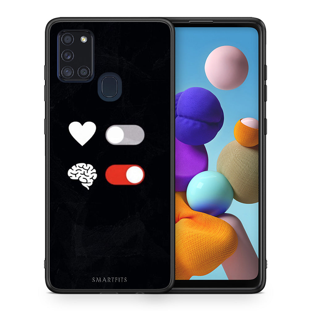 Θήκη Αγίου Βαλεντίνου Samsung A21s Heart Vs Brain από τη Smartfits με σχέδιο στο πίσω μέρος και μαύρο περίβλημα | Samsung A21s Heart Vs Brain case with colorful back and black bezels