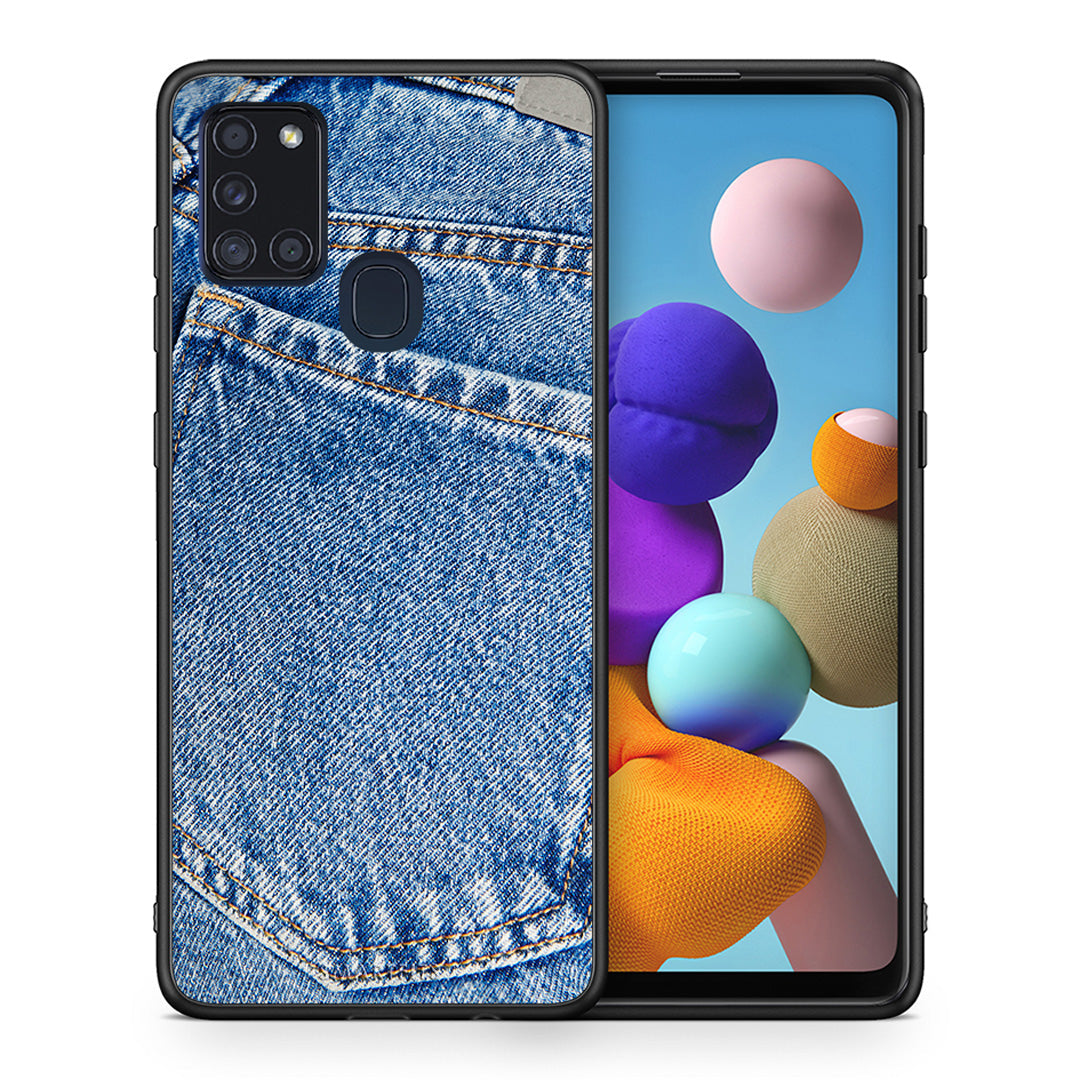 Θήκη Samsung A21s Jeans Pocket από τη Smartfits με σχέδιο στο πίσω μέρος και μαύρο περίβλημα | Samsung A21s Jeans Pocket case with colorful back and black bezels