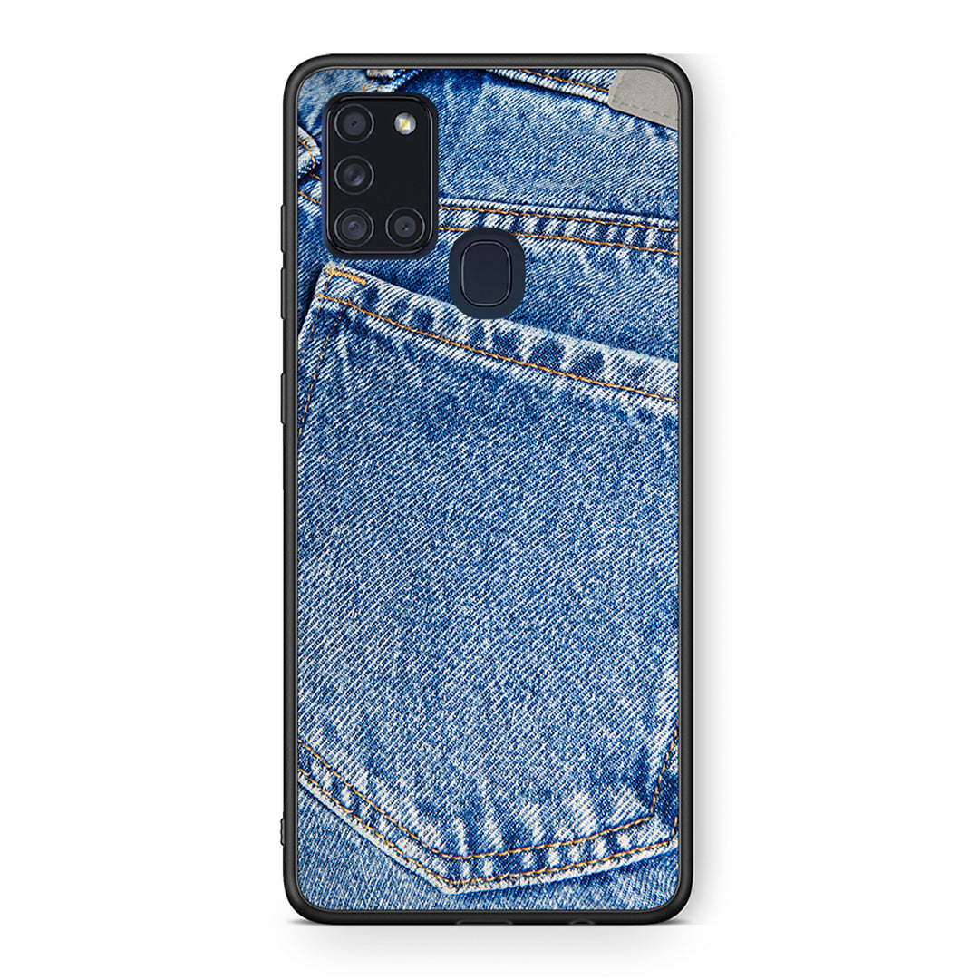 Samsung A21s Jeans Pocket θήκη από τη Smartfits με σχέδιο στο πίσω μέρος και μαύρο περίβλημα | Smartphone case with colorful back and black bezels by Smartfits